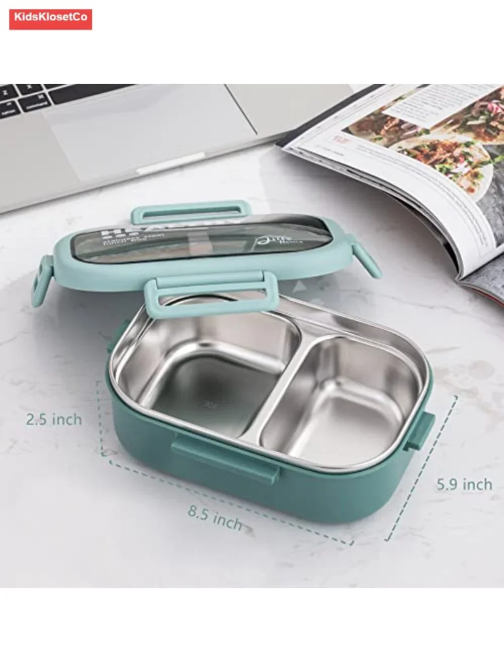 Stainless Steel 2-Compartment Bento Lunch Box with Bag and Cutlery, BPA Free,